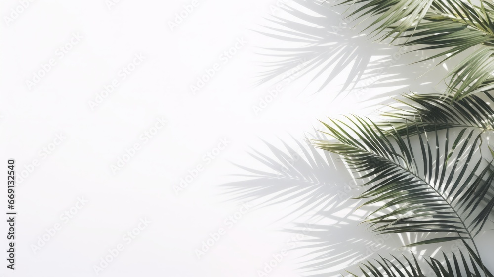 Shadows of palm tree leaves, branches over white wall. Summer background, sunlight overlay, empty copy space, horizontal