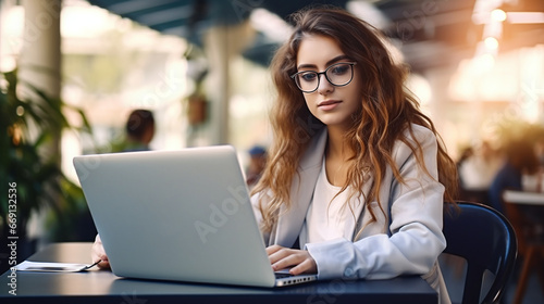 portrait of a female student working on laptop at the mensa of the university