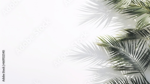 Shadows of palm tree leaves  branches over white wall. Summer background  sunlight overlay  empty copy space  horizontal