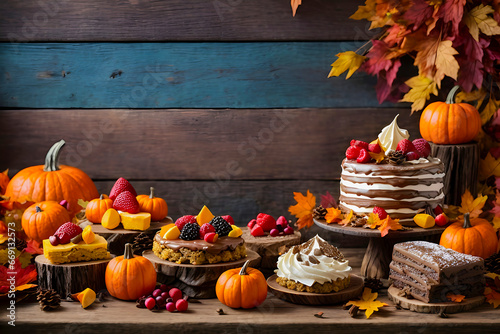 A wooden table with fall-themed desserts and decorations. in the background is a blue wooden wall with fall leaves. cake, pies and tartlets. Decorations include pumpkins and berries