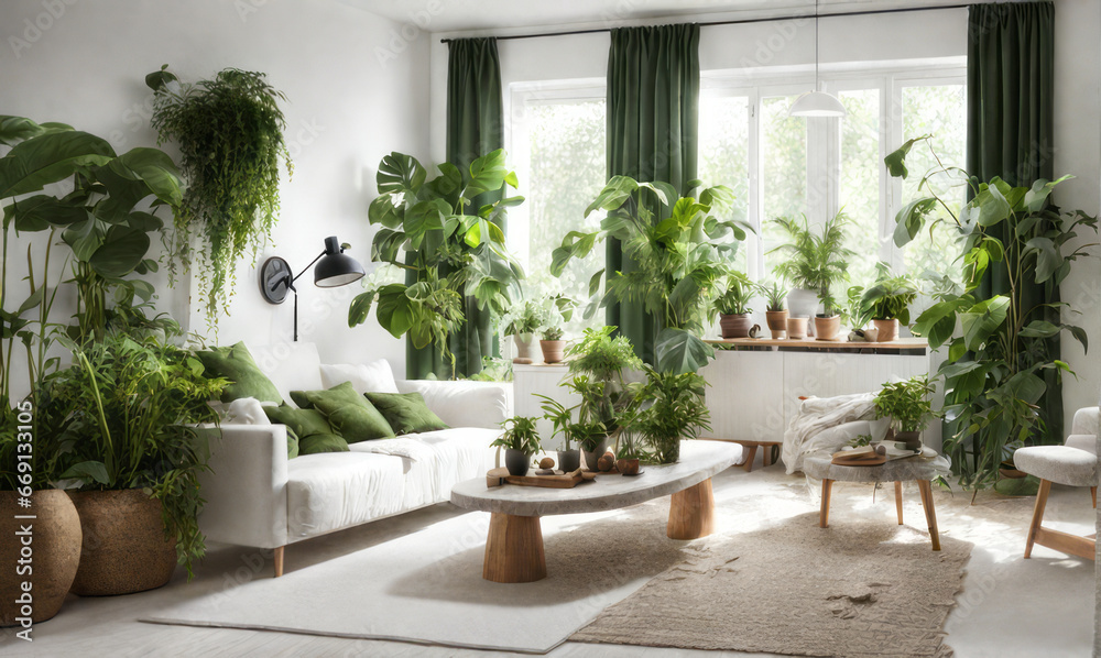 Fototapeta premium Brighten your luxurious living room with a variety of green plants, adding a refreshing touch that enhances the overall decor and ambiance.