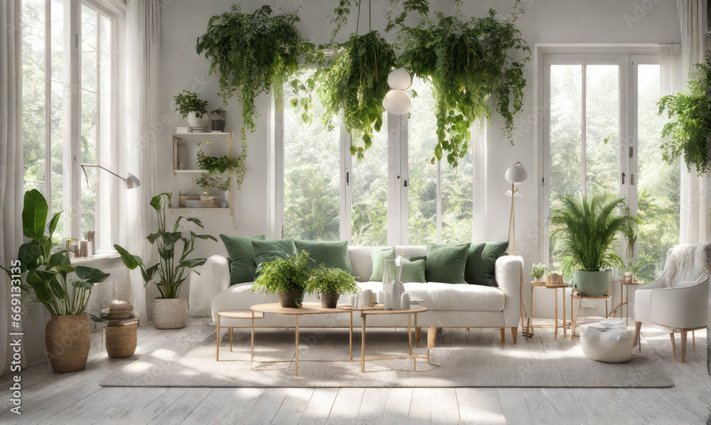 bright Livingroom and green plants in various styles for refreshment Decorate the interior of a luxurious Livingroom in a deep forest style.