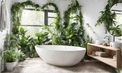 bright bathroom and green plants in various styles for refreshment Decorate the interior of a luxurious bathroom in a deep forest style.