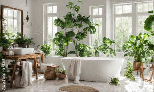 bright bathroom and green plants in various styles for refreshment Decorate the interior of a luxurious bathroom in a deep forest style.