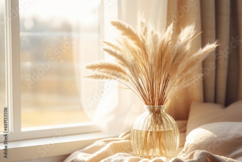Dry pampas grass flowers in a glass vase on a tablet on a coffee table next to a bed, beige colored pillows and cushions, boho style photo