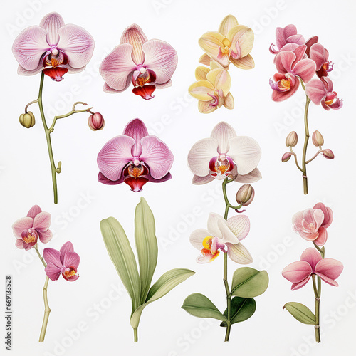 orchids botanical illustration on white background.