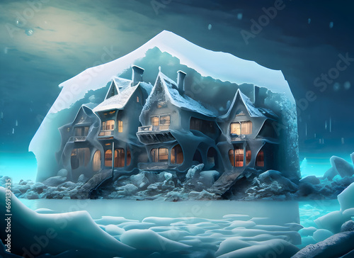 Abstract houses freeze frozen under the water sea on digital art concept, Generative AI.