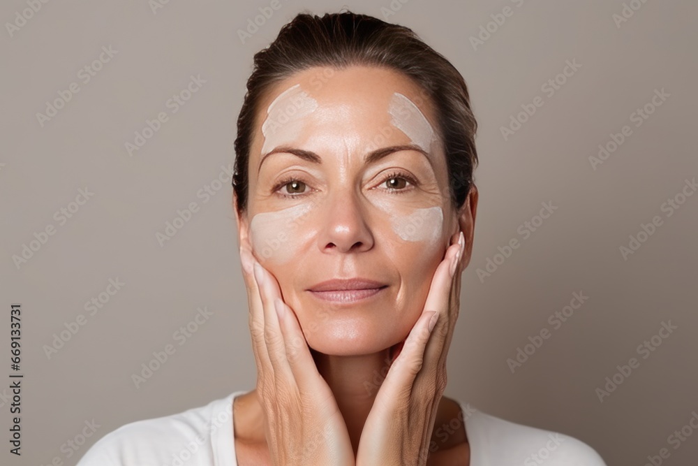 Close-up of middle-aged Caucasian woman touching her face to apply moisturizer. Smiling face of adult brunette lady with daily cream, facial cosmetics. Skin care. Grey background, copy space. Close-up of middle-aged Caucasian woman touching her face to apply moisturizer. Smiling face of adult brunette lady with daily cream, facial cosmetics. Skin care. Grey background, copy space.