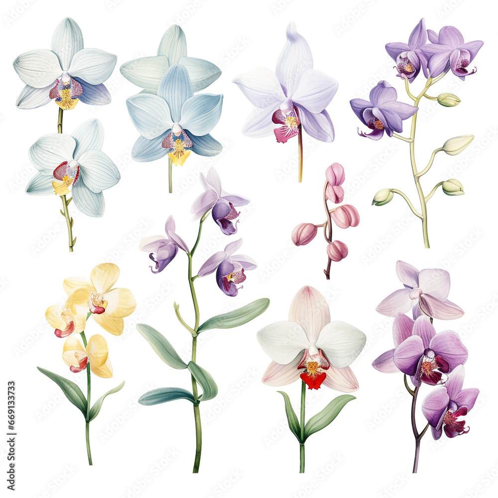 orchids botanical illustration white background.