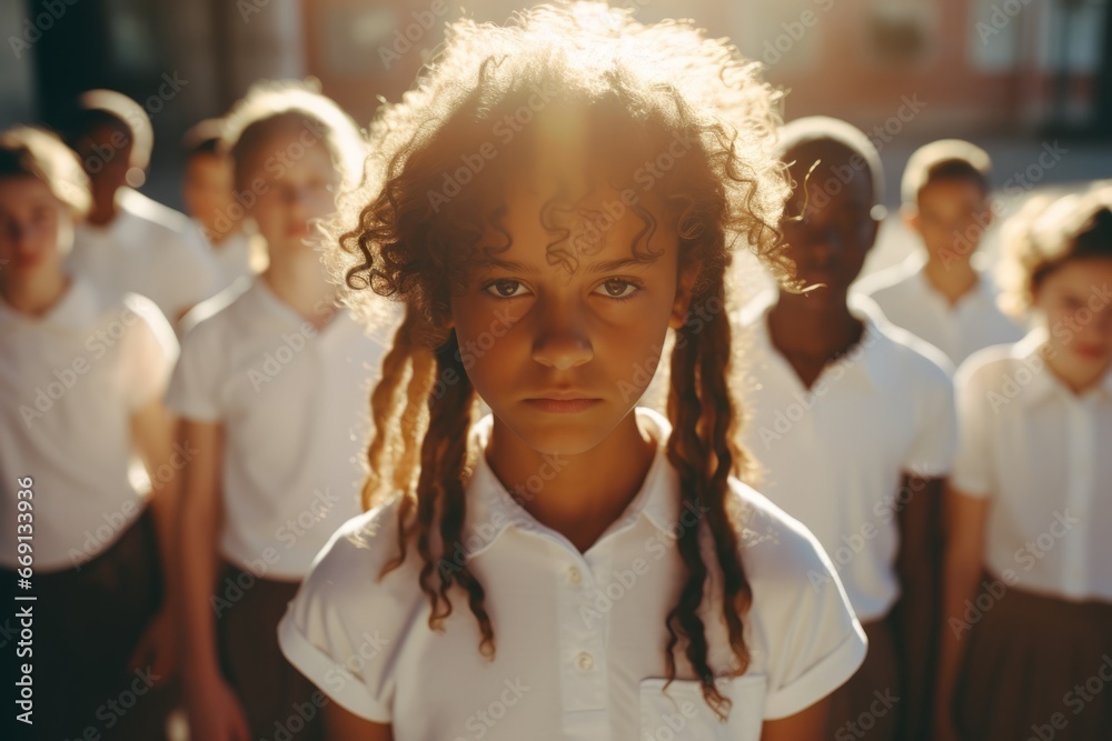 Multiethnic group of schoolchildren looking at camera with an angry and frustrated expression. Kids are upset and intending to stand up for their rights. Diversity and free communication concept. - obrazy, fototapety, plakaty 