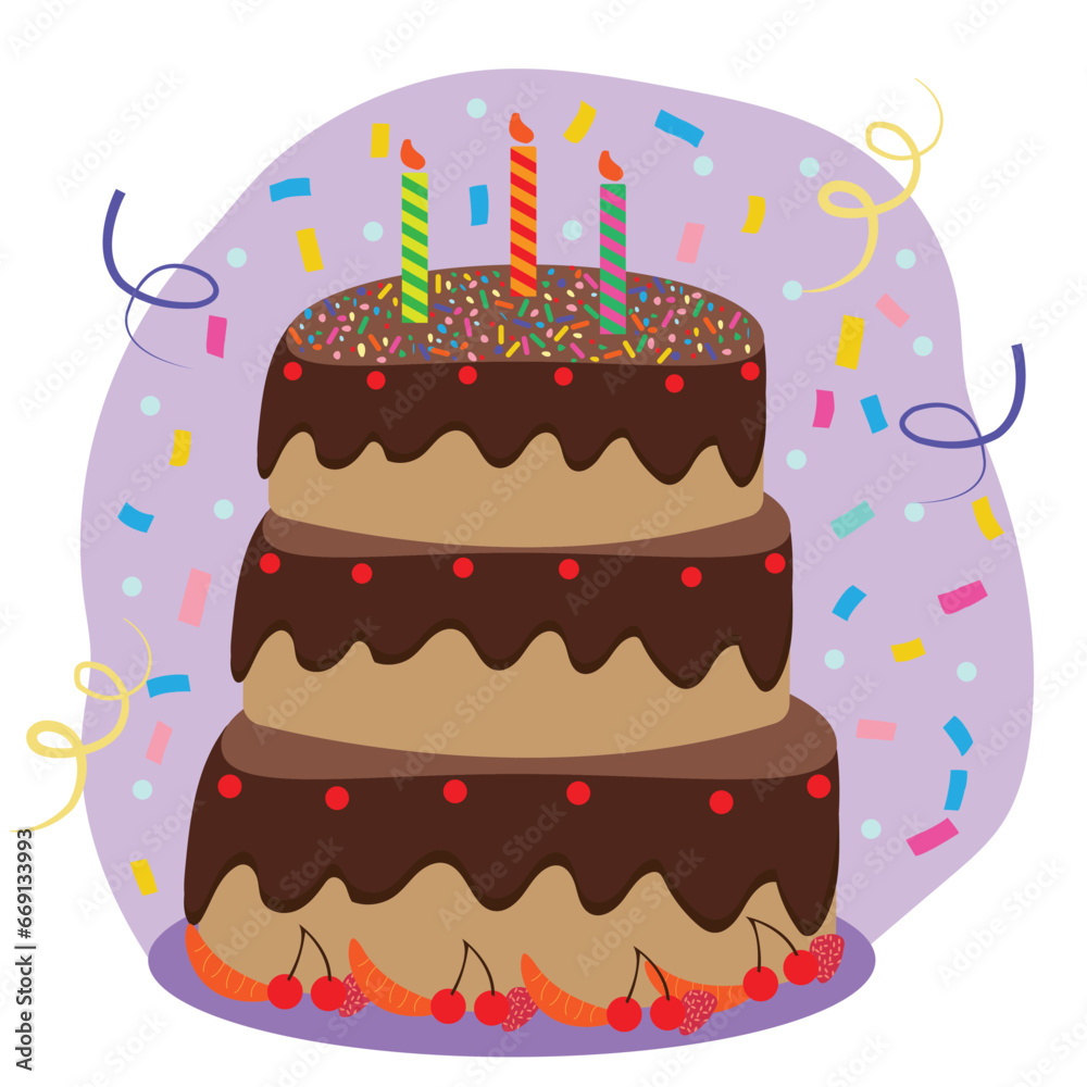 Huge chocolate cake with three candles sprinkles and fruit