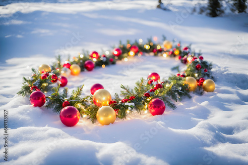 A Christmas wreath of pine tree branches decorated with red and gold balls, lying on a snowy blanket. In the background is a snowy landscape with trees and blue sky photo