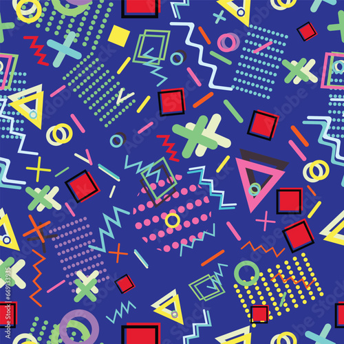 Chaotic and colorful shapes and dots over blue background
