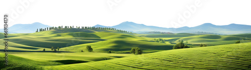 Tranquil countryside landscape with rolling hills and farm fields, cut out