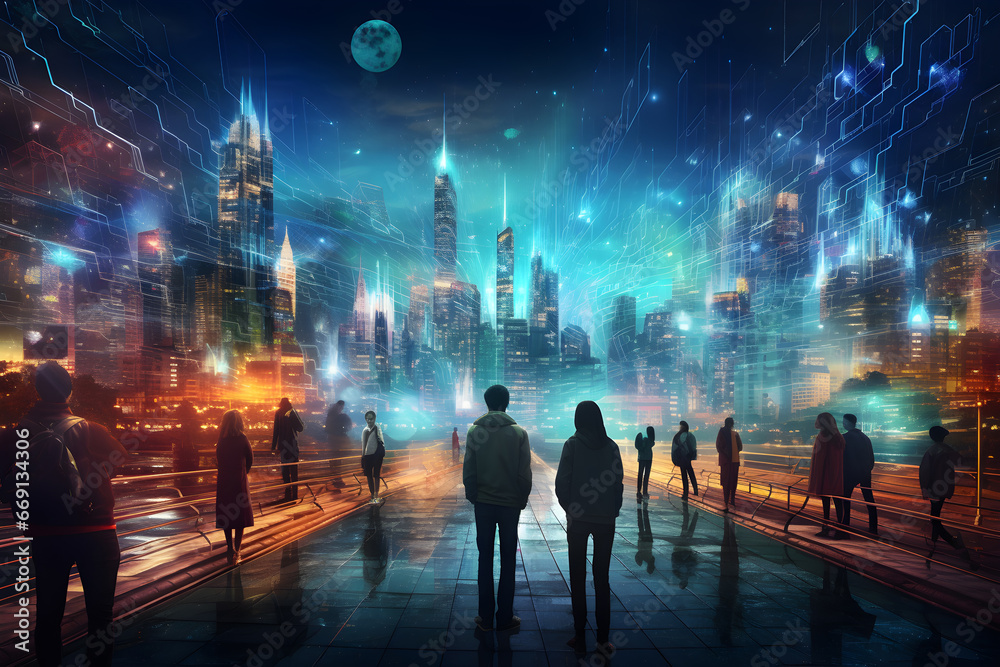 People stands against the backdrop of a futuristic city. Smart city concept, dreams, development, life improvement. Future communication technology. 