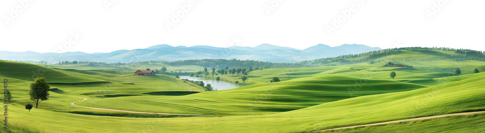 Tranquil countryside landscape with rolling hills and farm fields, cut out