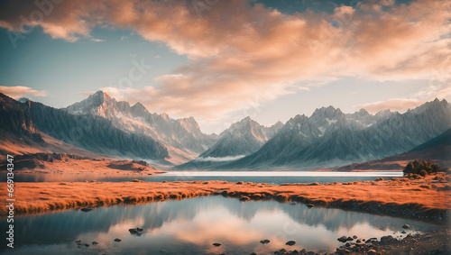 A mountain range with a lake in the foreground. during sunrise or sunset, the sky and clouds are painted in warm colors. The mountains are in the background and the lake is in the foreground
