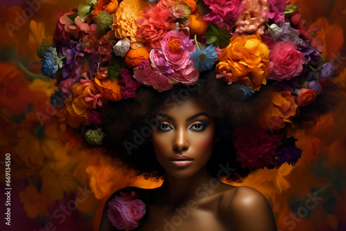 Stunning Afro-American model wearing a creative hat with mesmerising display of flowers portrait on isolated background © fogaas