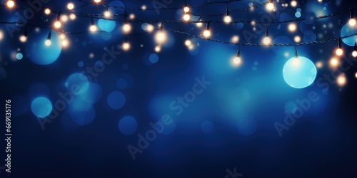 String of realistic hanging yellow lights garlands on dark blue background with effect bokeh, Festive shiny glowing bulbs for design of website headers and holiday flyers, generative ai