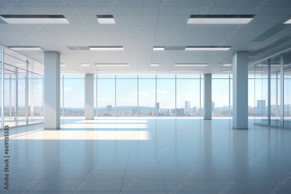 Empty Modern office building with glass walls and windows with much sunlight and daylight. Contemporary corporate architecture. Minimalistic interior design of commercial luxury building Empty Modern office building with glass walls and windows with much sunlight and daylight. Contemporary corporate architecture. Minimalistic interior design of commercial luxury building