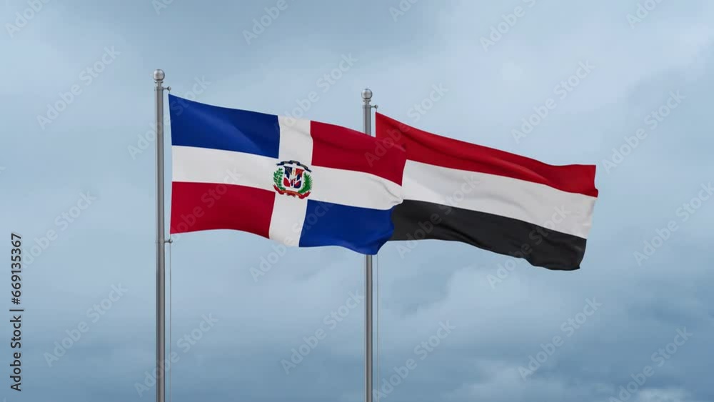 Yemen and Dominican flag waving together on cloudy sky, endless seamless loop, two country cooperation concept