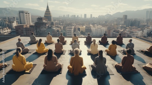 Men and women sit in lotus poses to meditate on rooftop at sunset. Diverse gathering of individuals from various communities races and cultures come to meditate on rooftop symbolising peace.