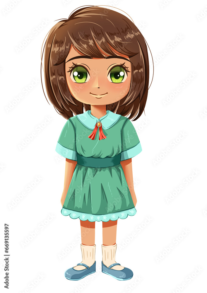 illustration of a cute girl wearing a turquoise dress illustration of a cute girl wearing a turquoise dress