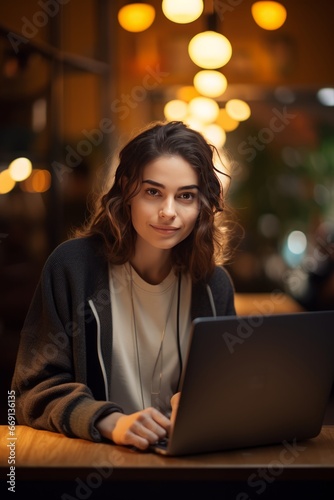 Female student taking a moment to look at the camera while busy with college assignments generative ai