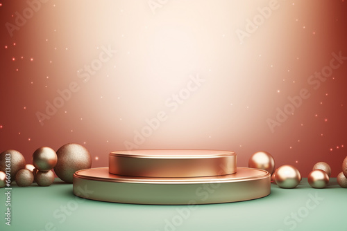 Christmas New Year Celebration: Sparkling Glitter Table Top Mock up, Floor Gold and Green, Studio Background with Golden Blur Bokeh. Luxury Holiday Backdrop Mockup for Product Display. Generative AI.