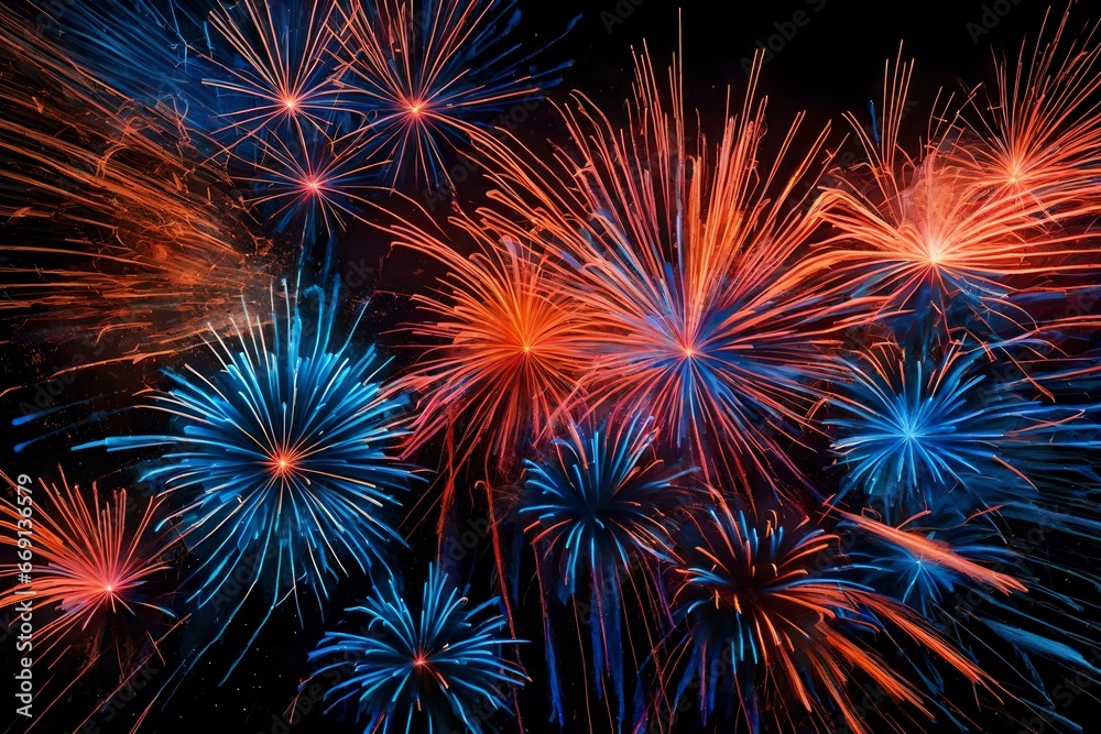 Vivid Bursts of Neon Pink, Electric Blue, and Fiery Orange Frozen in Time as Dynamic Abstract Fireworks Display.
