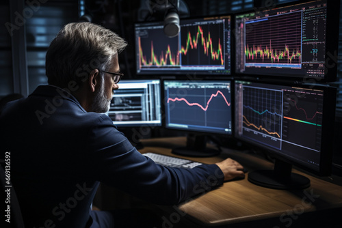 Crypto Trader Investor Analyst Broker Using Computer Analysing Online Cryptocurrency Exchange Stock Market Index Chart, Investing Money Growing Profit in Trading Platform Stock Market. Generative AI. © PEPPERPOT