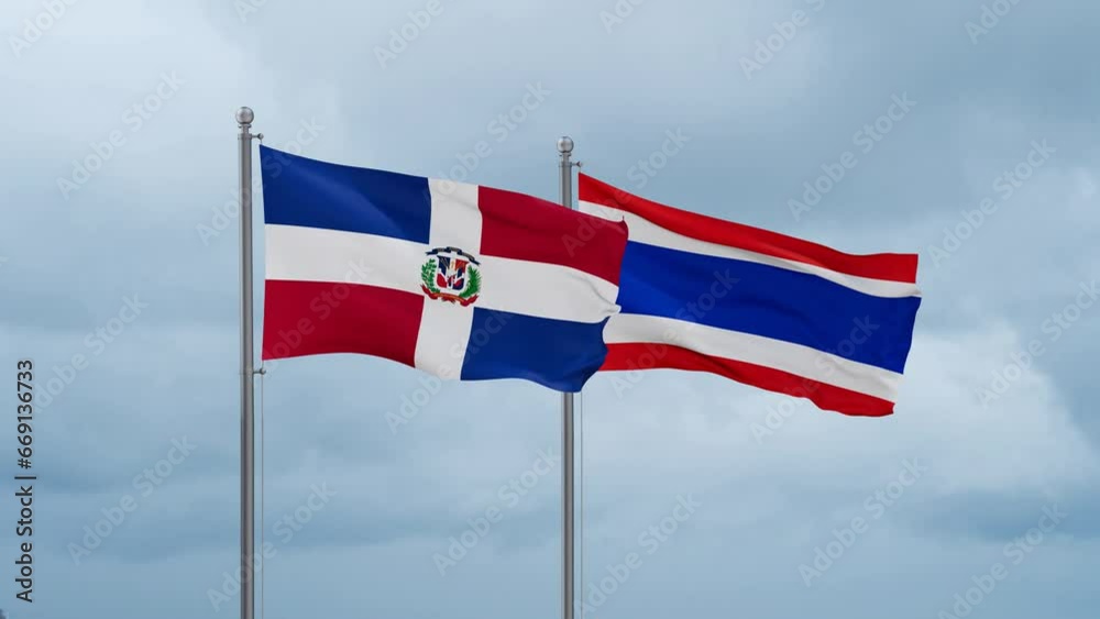 Kingdom of Thailand and Dominican flag waving together on cloudy sky, endless seamless loop, two country cooperation concept