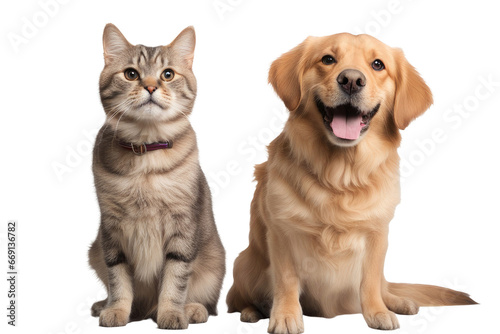  a quality stock photograph of a beautiful happy cat and dog standing next to each other isolated on a white or transparant background