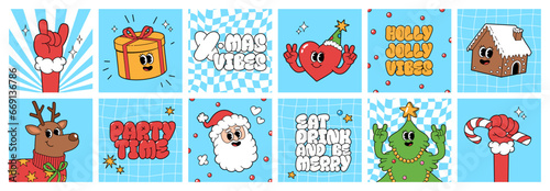 Merry Christmas groovy funny cartoon posters. Santa Claus, Christmas tree, coffee and ball in trendy funky retro cartoon style. Greeting square cards, template, posters, prints and backgrounds.