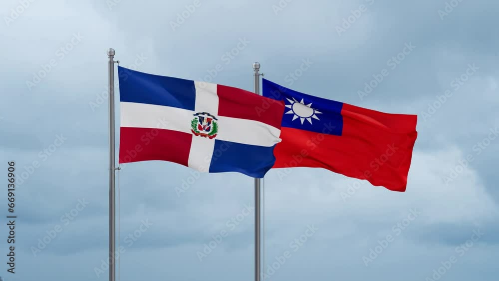 Taiwan and Dominican flag waving together on cloudy sky, endless seamless loop, two country cooperation concept Taiwan and Dominican flag waving together on cloudy sky, endless seamless loop, two country cooperation concept