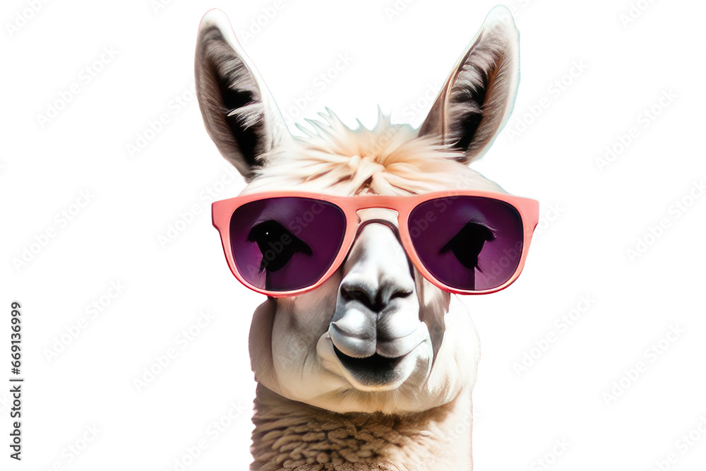 creative animal concept llama in sunglass shade glasses isolated on a white or transparant background