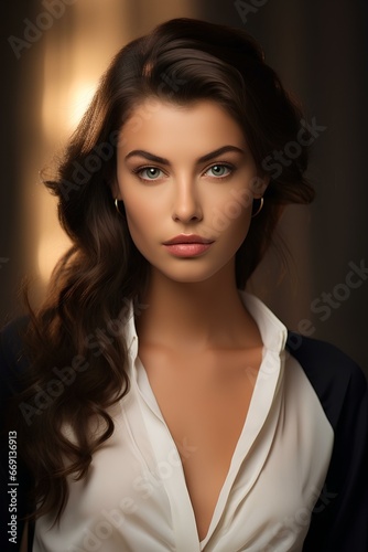 Close-up of a high-fashion model with captivating European features, exuding an air of refinement and grace. She wears a tasteful design outfit that highlights her unique beauty and personal style.