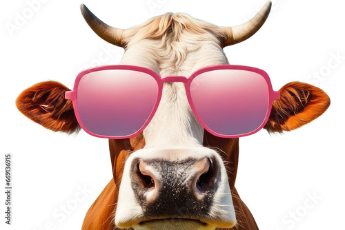 creative animal concept cow in sunglass shade glasses isolated on a white or transparant background