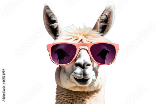 creative animal concept llama in sunglass shade glasses isolated on a white or transparant background