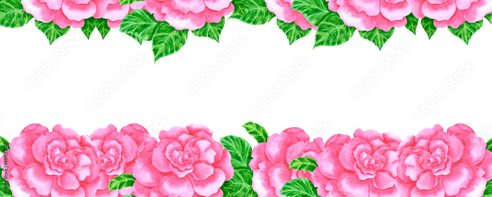 Hand drawn watercolor pink azalea banner border isolated on white background. Can be used for banner, decoration and other printed products.