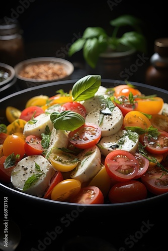 Italian caprese salad with sliced tomatoes, mozzarella, basil, olive oil.