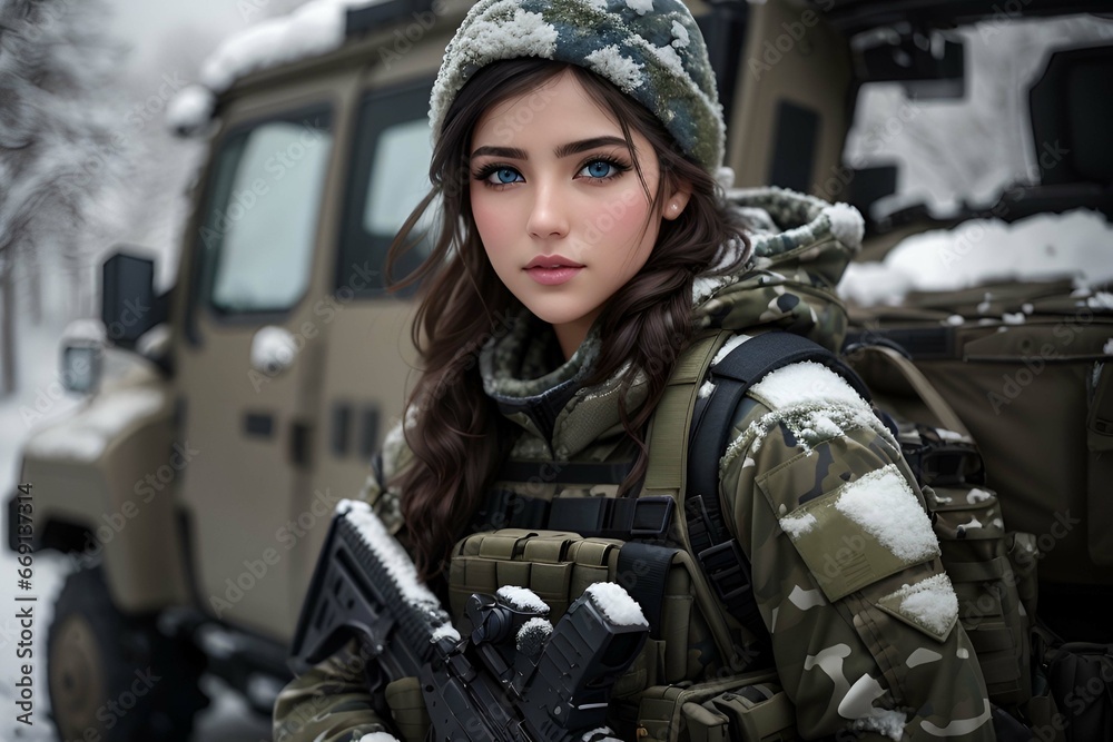  A beautiful army solider girl with guns, wearing winter costume military fatigues with snow 