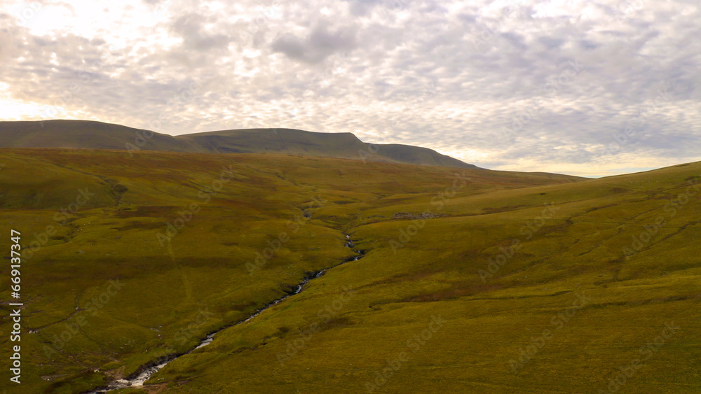 Aerial panorama of a mountain range (Pen-y-Fan, Brecon Beacons)