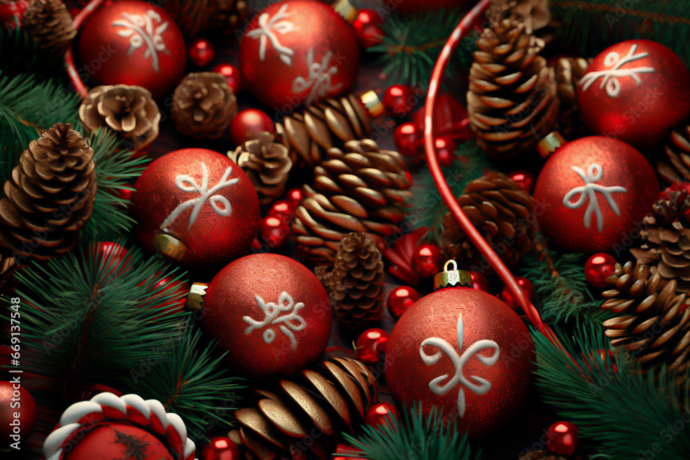 Christmas tree beads, baubles and decorations in a festive bright composition. Christmas decorations
