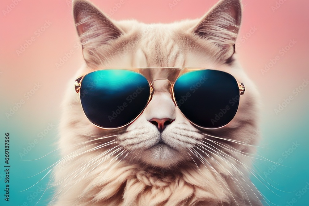 creative animal concept cat in sunglass shade glasses isolated on solid pastel background