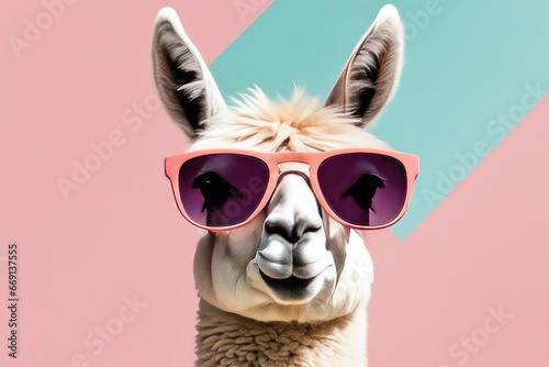 creative animal concept llama in sunglass shade glasses isolated on solid pastel background