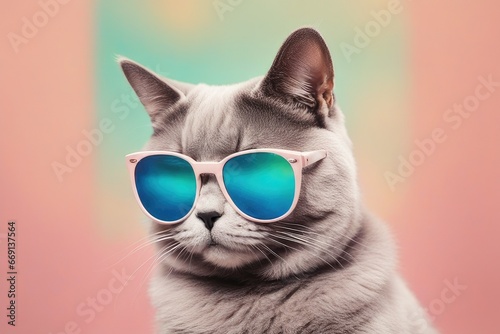 creative animal concept cat in sunglass shade glasses isolated on solid pastel background