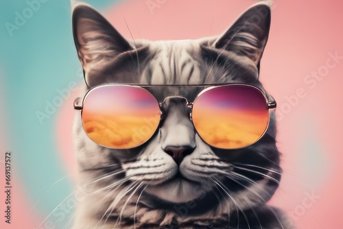 creative animal concept cat in sunglass shade glasses isolated on solid pastel background