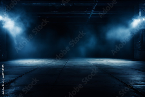 Dark street, wet asphalt abstract dark blue background, empty dark scene, neon light, spotlights The concrete floor and studio room with smoke float up the interior texture for display products