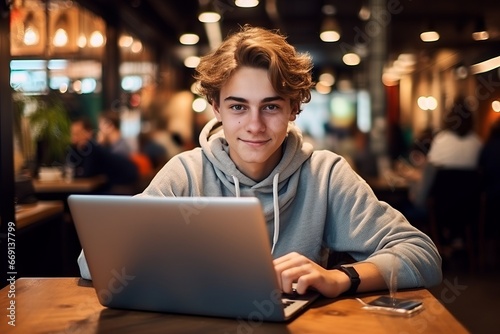A student takes a moment to look at the camera while busy with college assignments generative ai